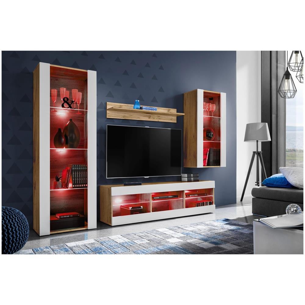 Komodee, Set Di Mobili Porta TV Tivoli Medio RTV, Wotan /White, LED RGB, Larghezza 245 cm x Altezza 159 cm x Profondità 35 cm, Per soggiorno, Camera da letto - Foto 2