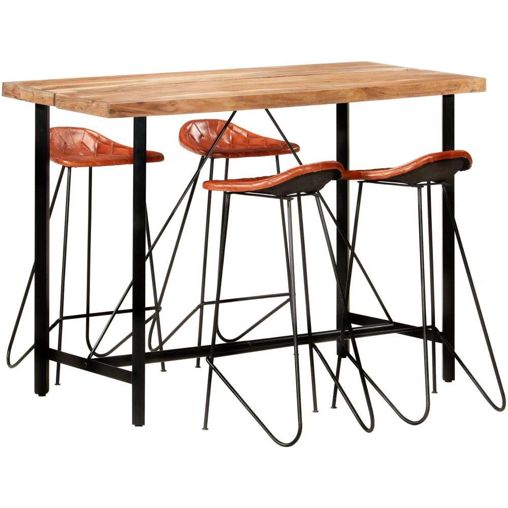 Set Da Bar 5 Pz In Legno Massello Di Sheesham E Vera Pelle - Foto 1