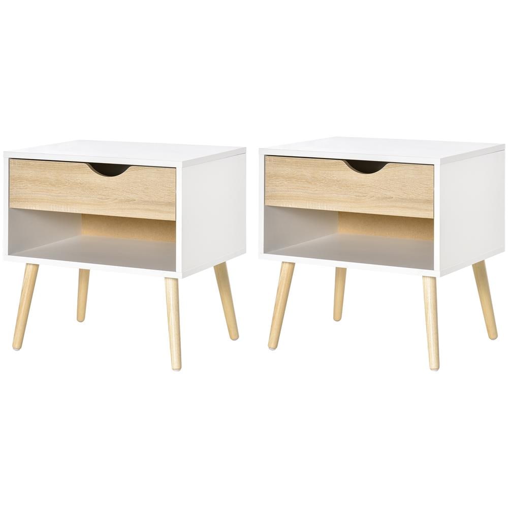 Set 2 Comodini Moderni con Cassetto e Mensola, Base Rialzata e Gambe in Legno 50x39x51cm Bianco e Rovere - Foto 1