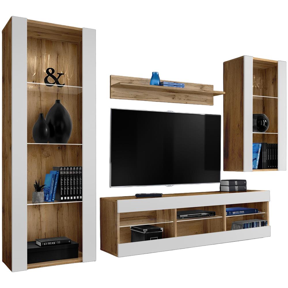 Komodee, Set Di Mobili Porta TV Tivoli Medio RTV, Wotan /White, Senza LED, Larghezza 245 cm x Altezza 159 cm x Profondità 35 cm, Per soggiorno, Camera da letto - Foto 1