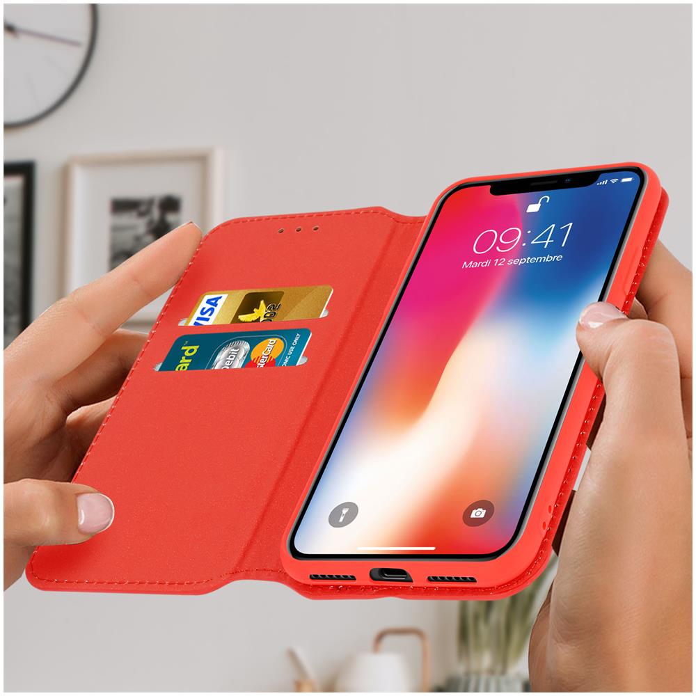 Custodia Iphone X / Xs Portacarte Funzione Supporto Similpelle Liscia Rosso - Foto 5