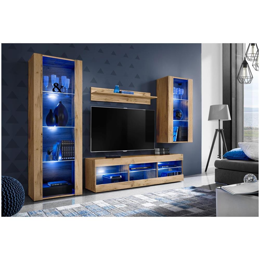 Komodee, Set Di Mobili Porta TV Tivoli Medio RTV, Wotan /Wotan, LED Blu, Larghezza 245 cm x Altezza 159 cm x Profondità 35 cm, Per soggiorno, Camera da letto - Foto 2