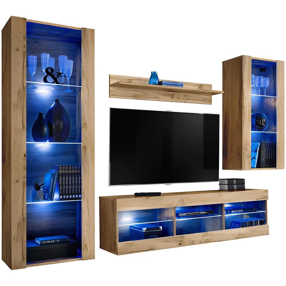 Komodee, Set Di Mobili Porta TV Tivoli Medio RTV, Wotan /Wotan, LED Blu, Larghezza 245 cm x Altezza 159 cm x Profondità 35 cm, Per soggiorno, Camera da letto - Foto 1