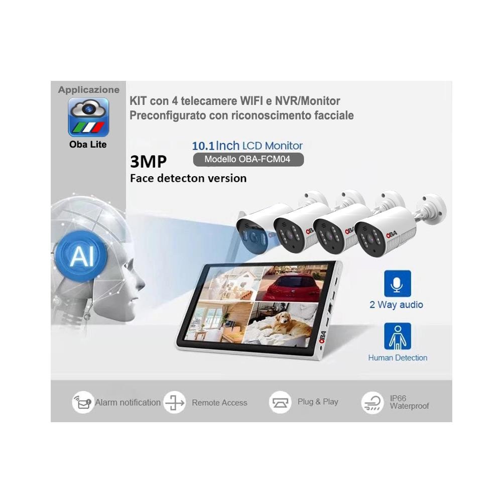 Kit Monitor Nvr 4ch Telecamere 3 Megapixel App Oba Lite Riconoscimento Facciale Audio A 2 Vie - Foto 1