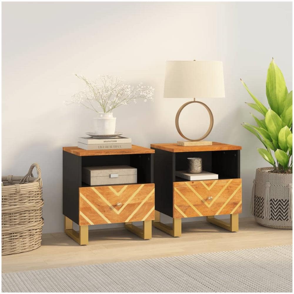 Comodini 2 Pz Marrone E Nero In Legno Massello Di Mango - Foto 1