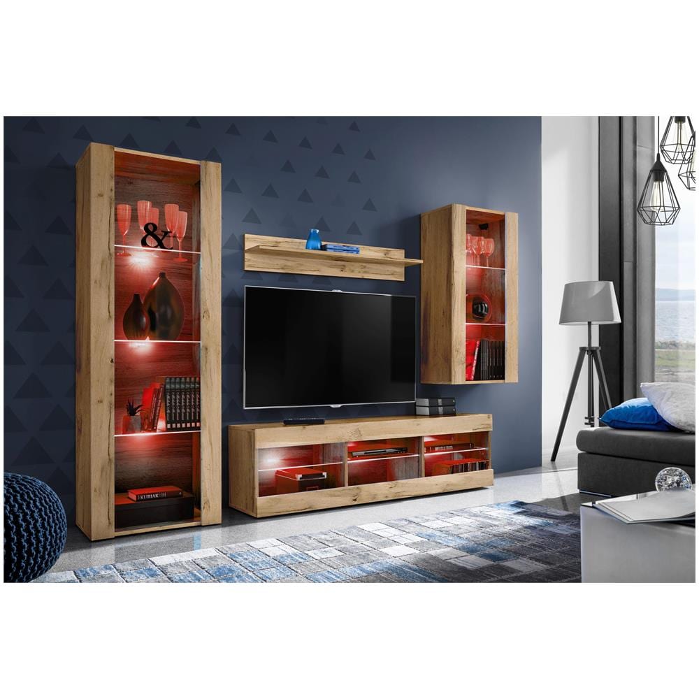 Komodee, Set Di Mobili Porta TV Tivoli Medio RTV, Wotan /Wotan, LED RGB, Larghezza 245 cm x Altezza 159 cm x Profondità 35 cm, Per soggiorno, Camera da letto - Foto 2