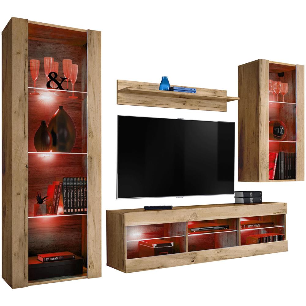 Komodee, Set Di Mobili Porta TV Tivoli Medio RTV, Wotan /Wotan, LED RGB, Larghezza 245 cm x Altezza 159 cm x Profondità 35 cm, Per soggiorno, Camera da letto - Foto 1