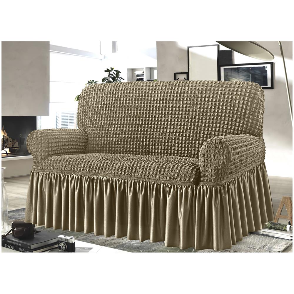 Copridivano Elasticizzato Arricciato Con Volants Tinta Unita Mod Luxory Beige 3 Posti Beige - Foto 1