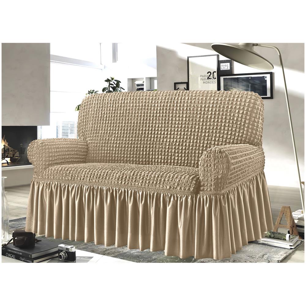 Copridivano Elasticizzato Arricciato Con Volants Tinta Unita Mod Luxory Beige 3 Posti Beige - Foto 10