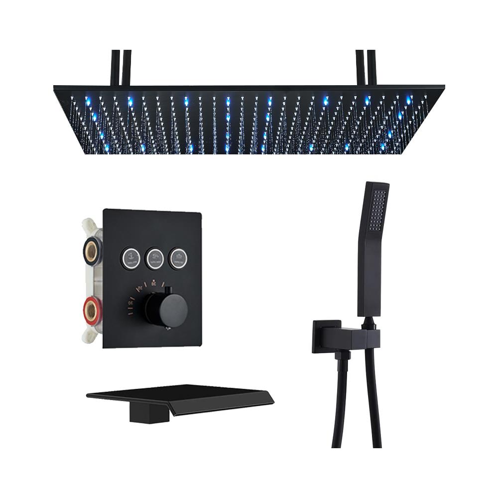 Set miscelatore doccia, Blackswan, tipo M163, modello nero opaco, 3 vie, termostato, illuminazione LED, bocca a cascata e montaggio a soffitto, misura 80 cm - Foto 1