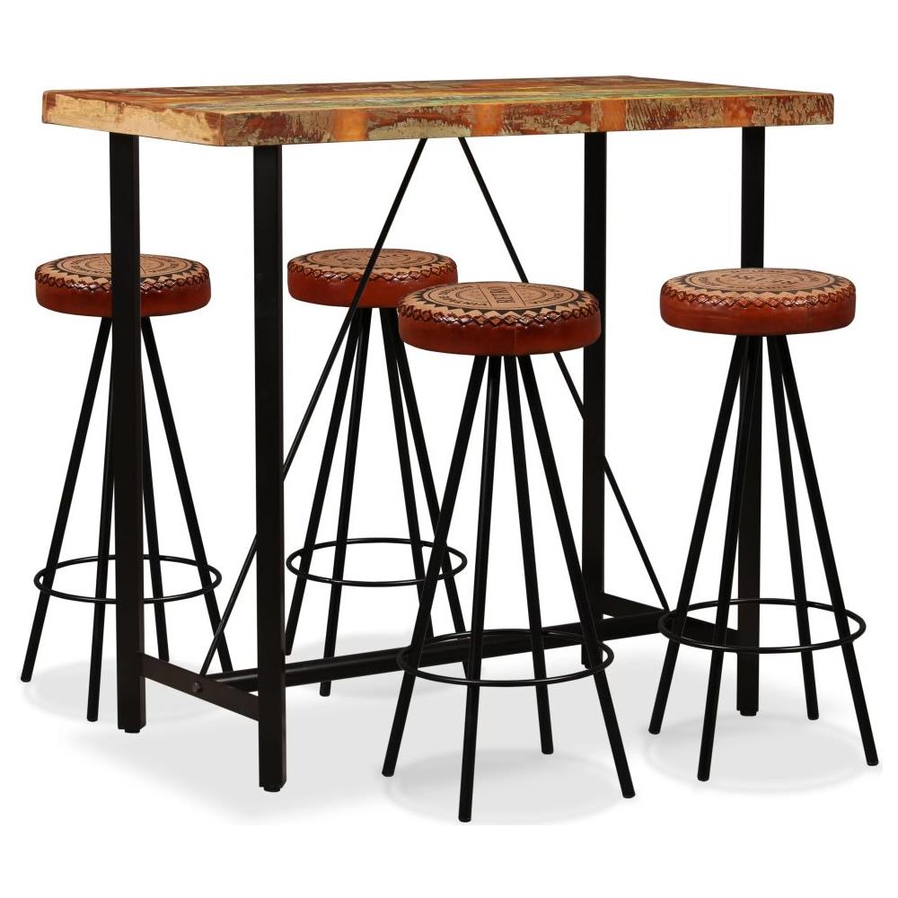 Set Da Bar 5 Pz Legno Massello Di Recupero Vera Pelle E Tessuto - Foto 1