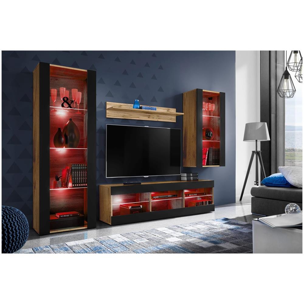 Komodee, Set Di Mobili Porta TV Tivoli Medio RTV, Wotan /Black, LED RGB, Larghezza 245 cm x Altezza 159 cm x Profondità 35 cm, Per soggiorno, Camera da letto - Foto 2