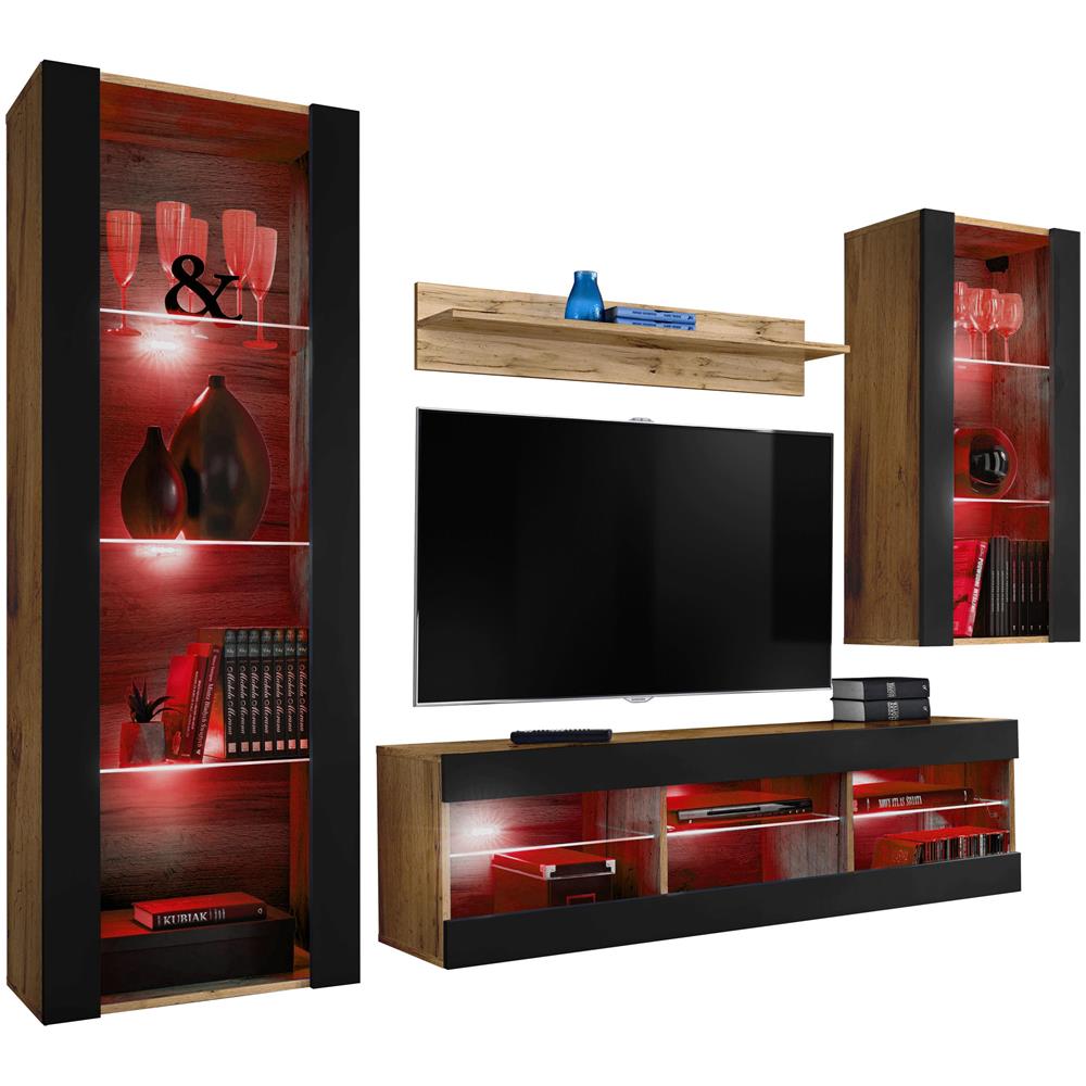 Komodee, Set Di Mobili Porta TV Tivoli Medio RTV, Wotan /Black, LED RGB, Larghezza 245 cm x Altezza 159 cm x Profondità 35 cm, Per soggiorno, Camera da letto - Foto 1