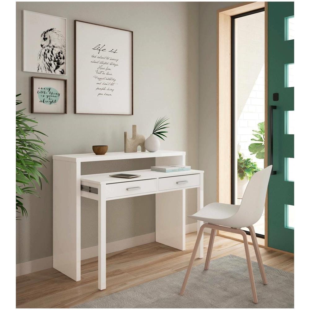 Consolle Billings, Scrivania Con Piano Estensibile, Scrittoio Porta Pc Con 2 Cassetti, 99x36h88 Cm, Bianco - Foto 1