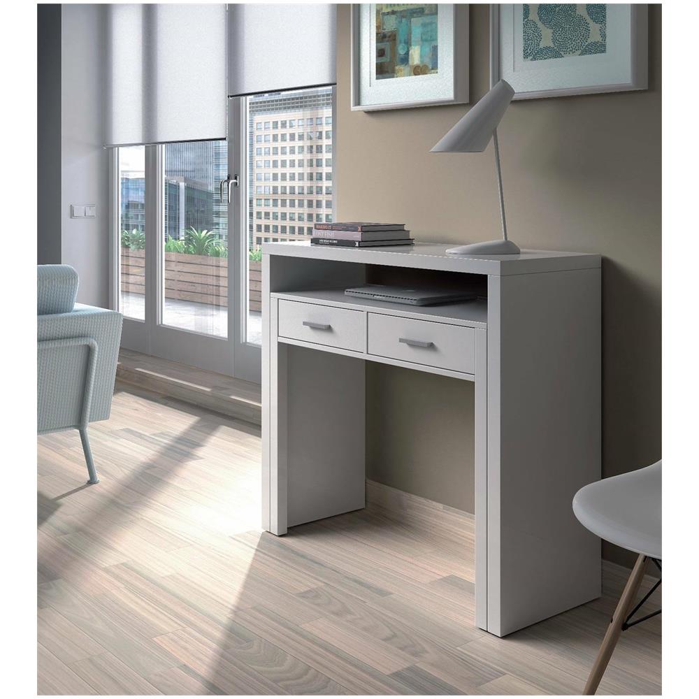 Consolle Billings, Scrivania Con Piano Estensibile, Scrittoio Porta Pc Con 2 Cassetti, 99x36h88 Cm, Bianco - Foto 4