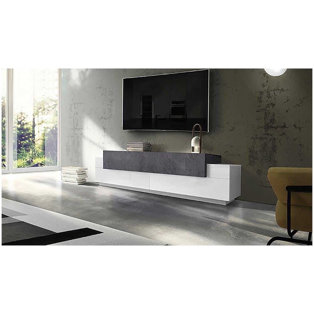 Mobile Porta Tv Teo, Credenza Bassa Da Soggiorno, Base Porta Tv, 100% Made In Italy, Cm 200x45h52, Bianco Lucido E Ardesia - Foto 1