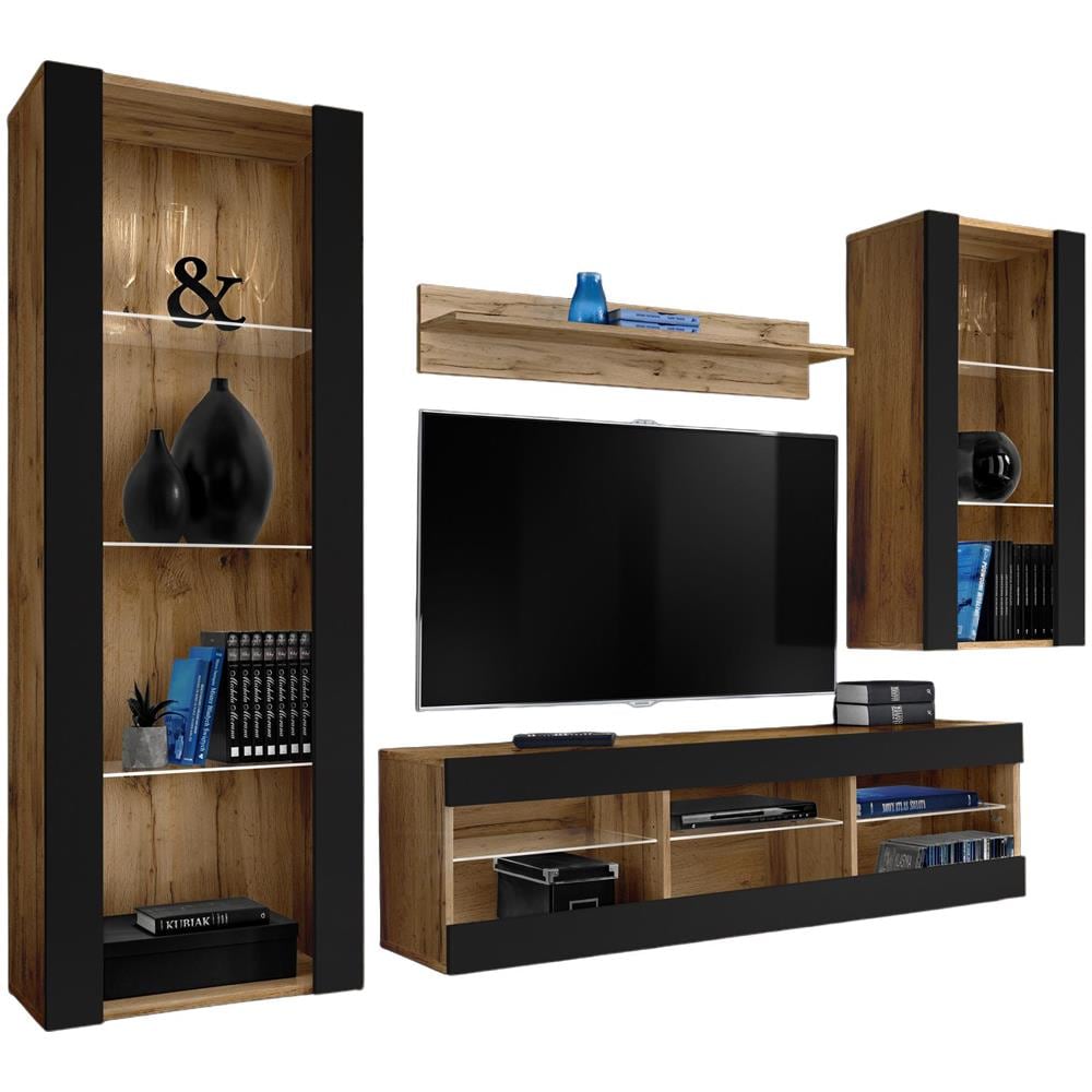 Komodee, Set Di Mobili Porta TV Tivoli Medio RTV, Wotan /Black, Senza LED, Larghezza 245 cm x Altezza 159 cm x Profondità 35 cm, Per soggiorno, Camera da letto - Foto 1