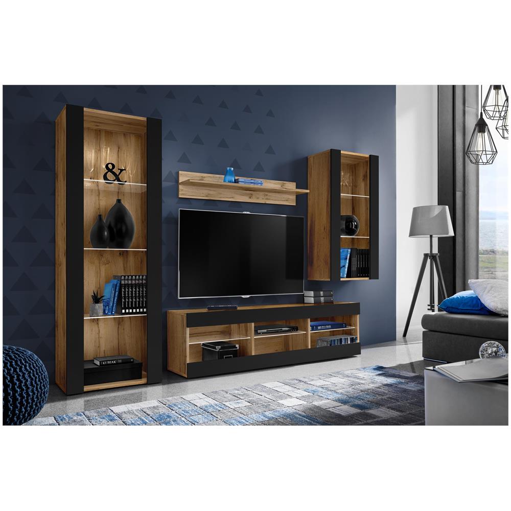 Komodee, Set Di Mobili Porta TV Tivoli Medio RTV, Wotan /Black, Senza LED, Larghezza 245 cm x Altezza 159 cm x Profondità 35 cm, Per soggiorno, Camera da letto - Foto 2