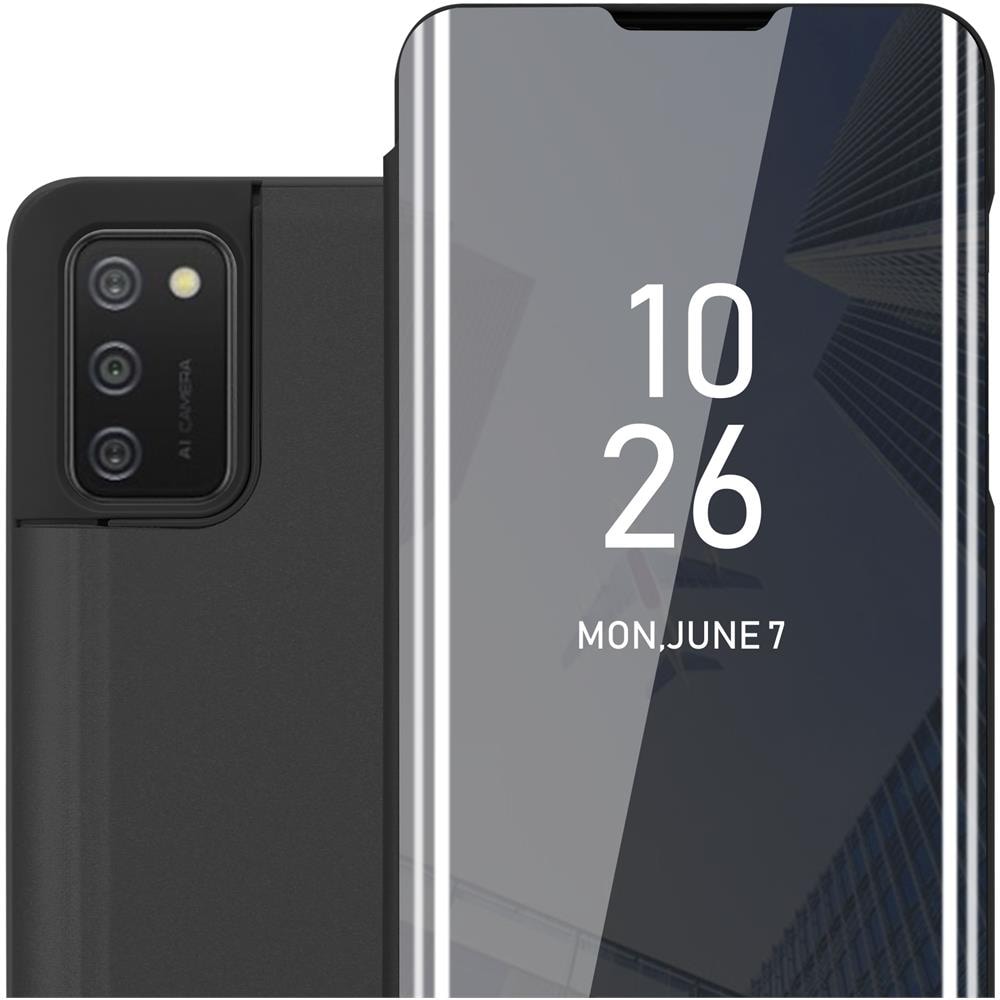 Custodia Compatibile Con Samsung Galaxy A02s Eu In Tormalina Nera - Clear View Specchio Coperchio Protettivo Con Funzione Di Supporto Protezione A 360 Gradi - Foto 1