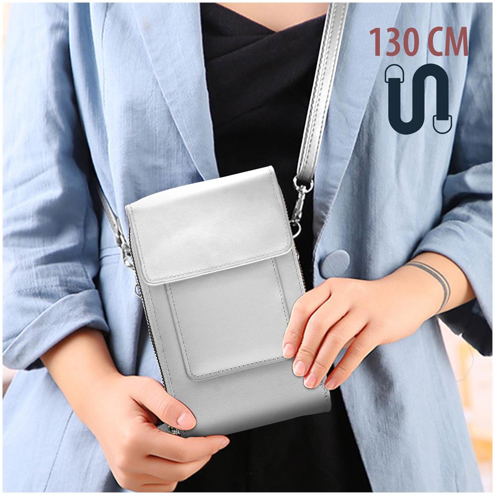Pochette Tracolla 130 Cm Per Smartphone Similpelle Chiusura A Zip Grigio Chiaro - Foto 2