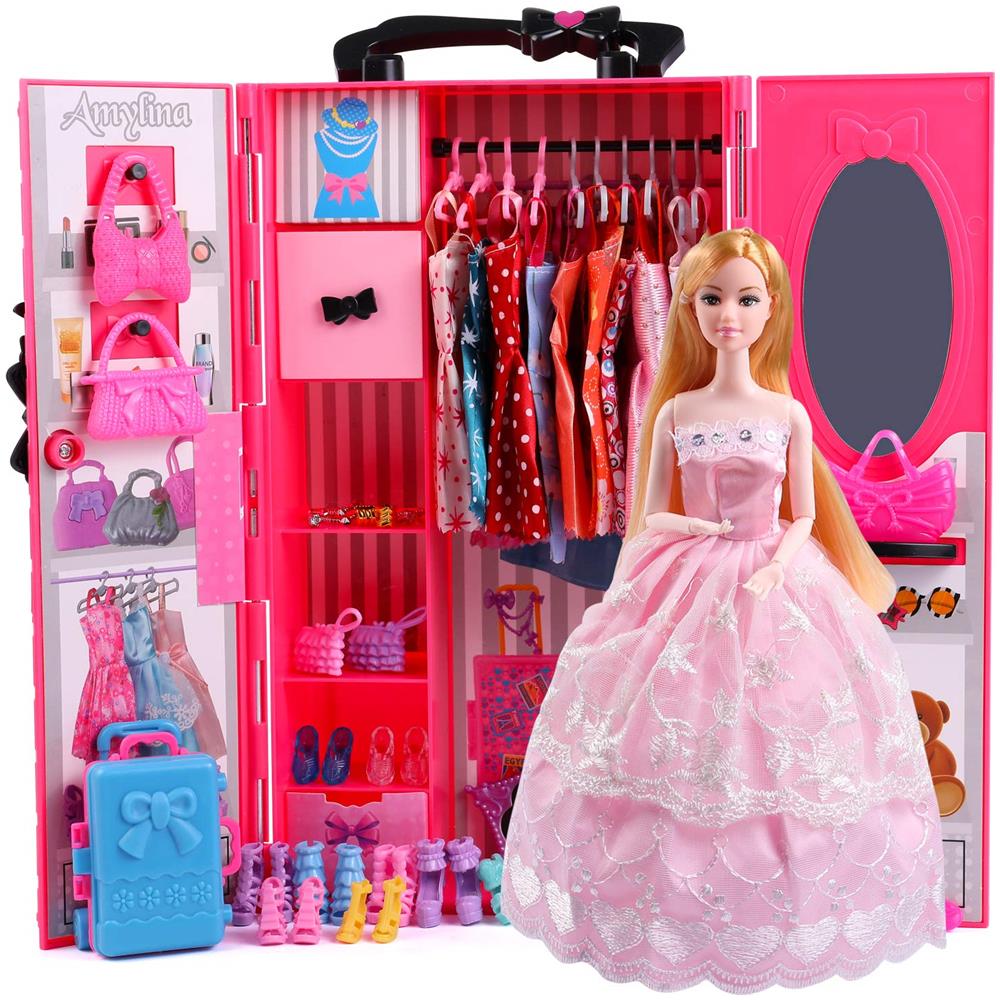 Armadio Per Bambole Set Guardaroba Per Vestiti Per Bambole (adatto Anche Per Bambole Barbie Da 115 Pollici), 51 Pezzi Di Accessori Per Bambole Inclusi Bambole Alla Moda, Vestiti, Scarpe, Borse, Grucce E Supporto - Foto 1