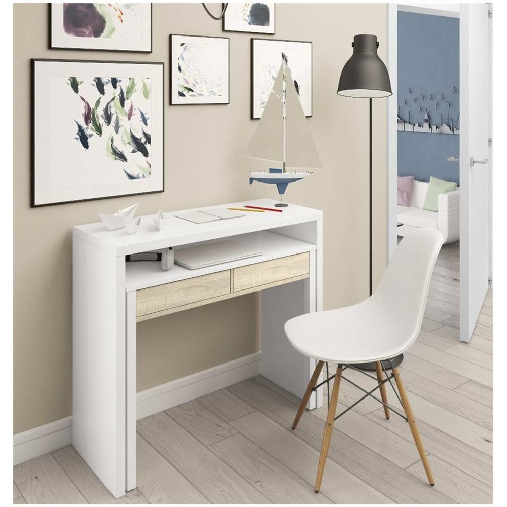 Consolle Billings, Scrivania Con Piano Estensibile, Scrittoio Porta Pc Con 2 Cassetti, 99x36h88 Cm, Bianco E Rovere - Foto 1
