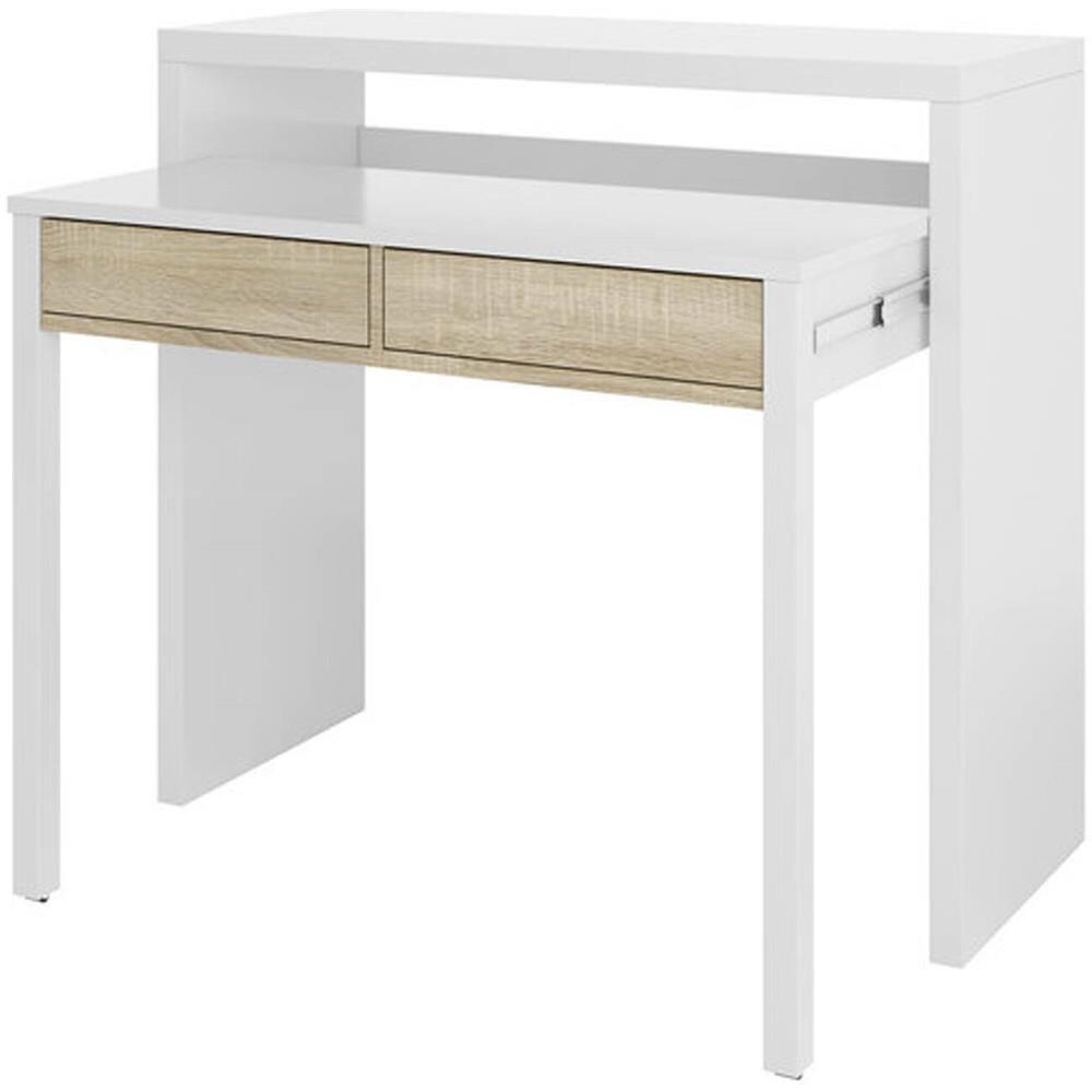 Consolle Billings, Scrivania Con Piano Estensibile, Scrittoio Porta Pc Con 2 Cassetti, 99x36h88 Cm, Bianco E Rovere - Foto 2