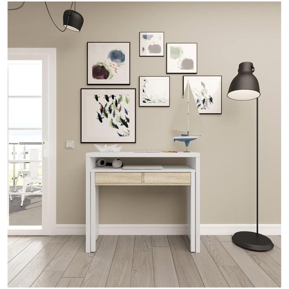 Consolle Billings, Scrivania Con Piano Estensibile, Scrittoio Porta Pc Con 2 Cassetti, 99x36h88 Cm, Bianco E Rovere - Foto 4