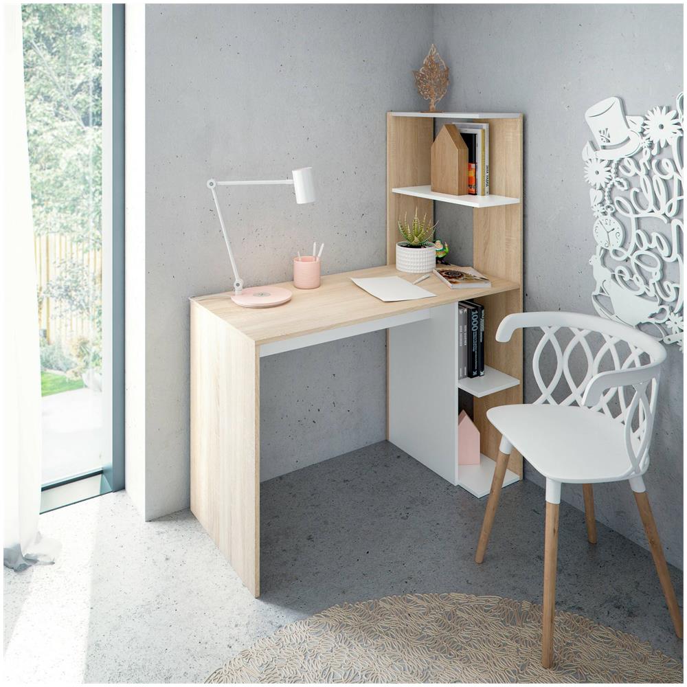 Scrivania Peekskill, Scrittoio Lineare Con Libreria, Tavolo Ufficio Multiuso Salvaspazio, 110x52h136 Cm, Bianco E Rovere - Foto 1