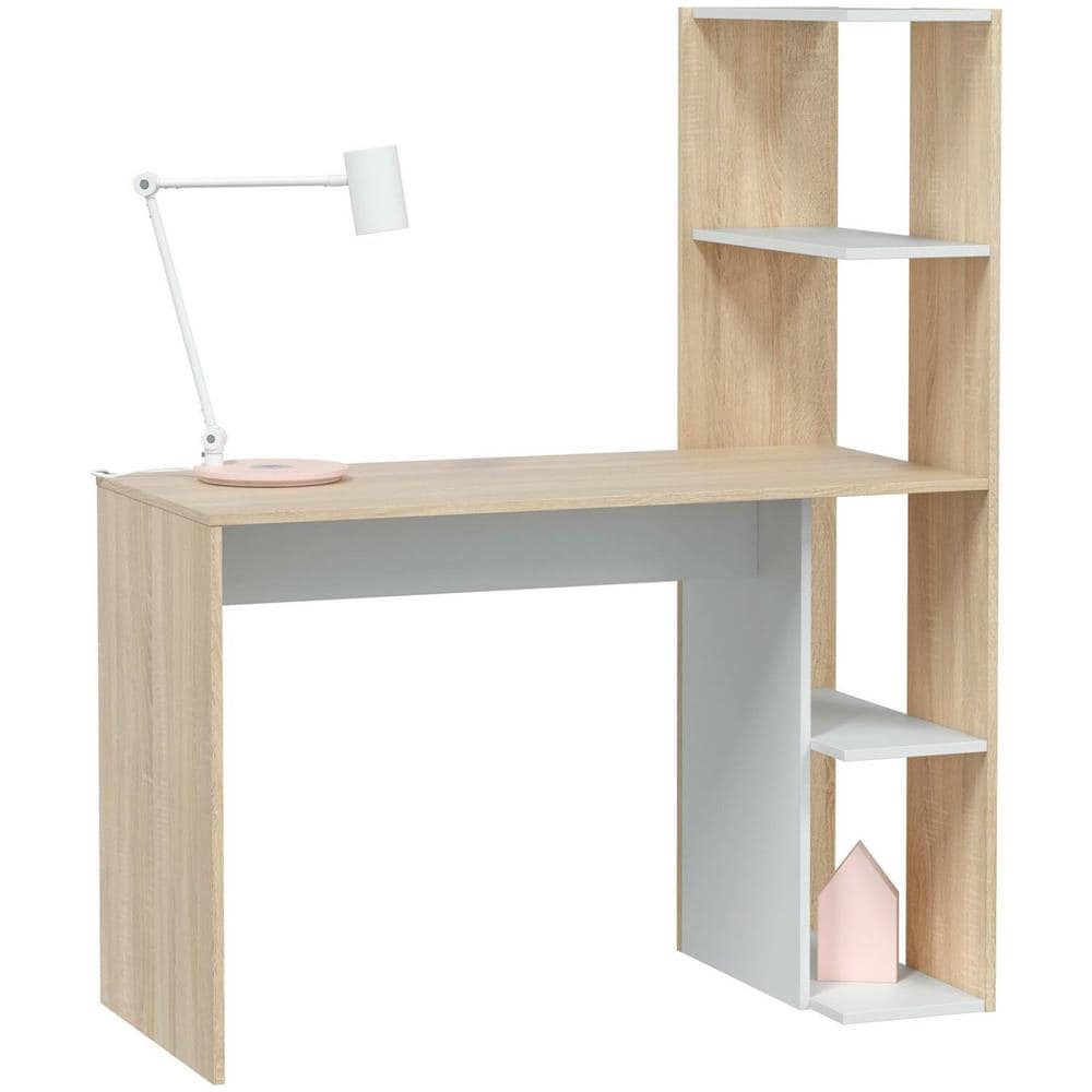 Scrivania Peekskill, Scrittoio Lineare Con Libreria, Tavolo Ufficio Multiuso Salvaspazio, 110x52h136 Cm, Bianco E Rovere - Foto 2