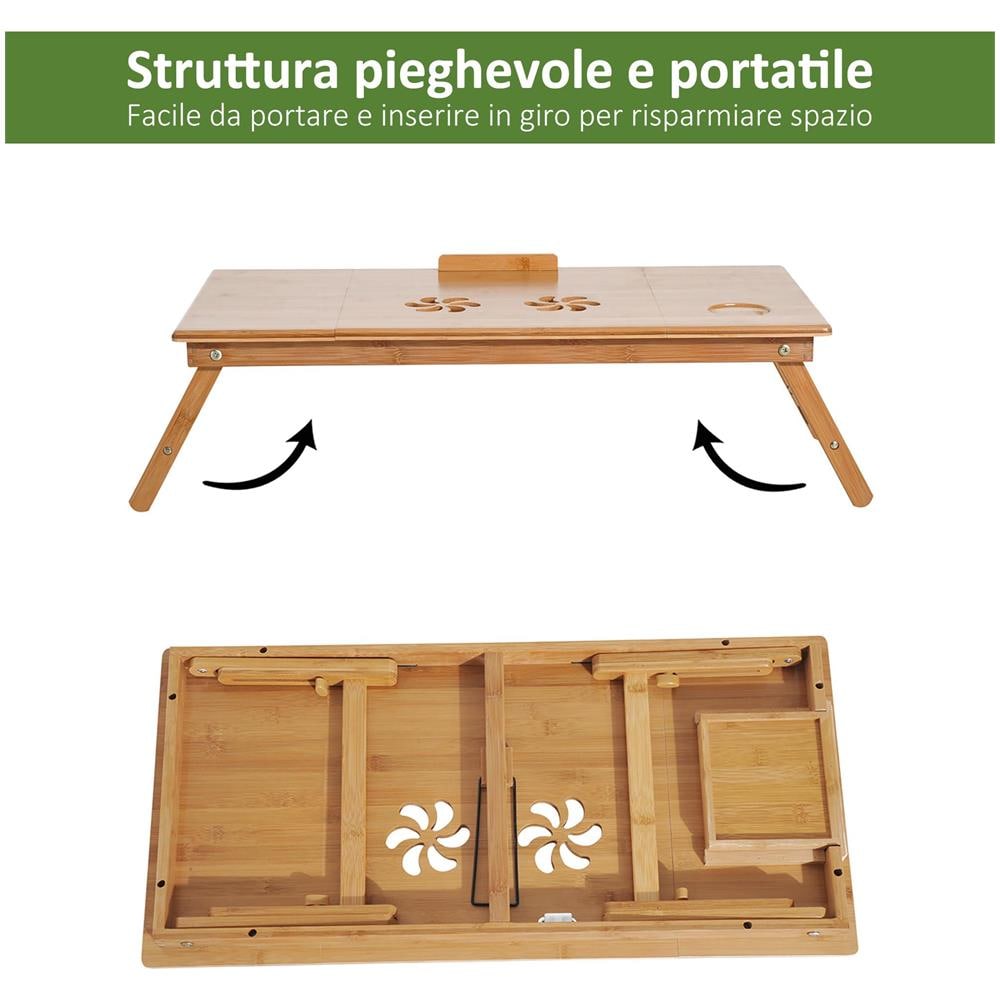 Tavolino da Letto per PC Pieghevole e Inclinabile con Cassetto 72x35x22-30 cm Colore Legno - Foto 6