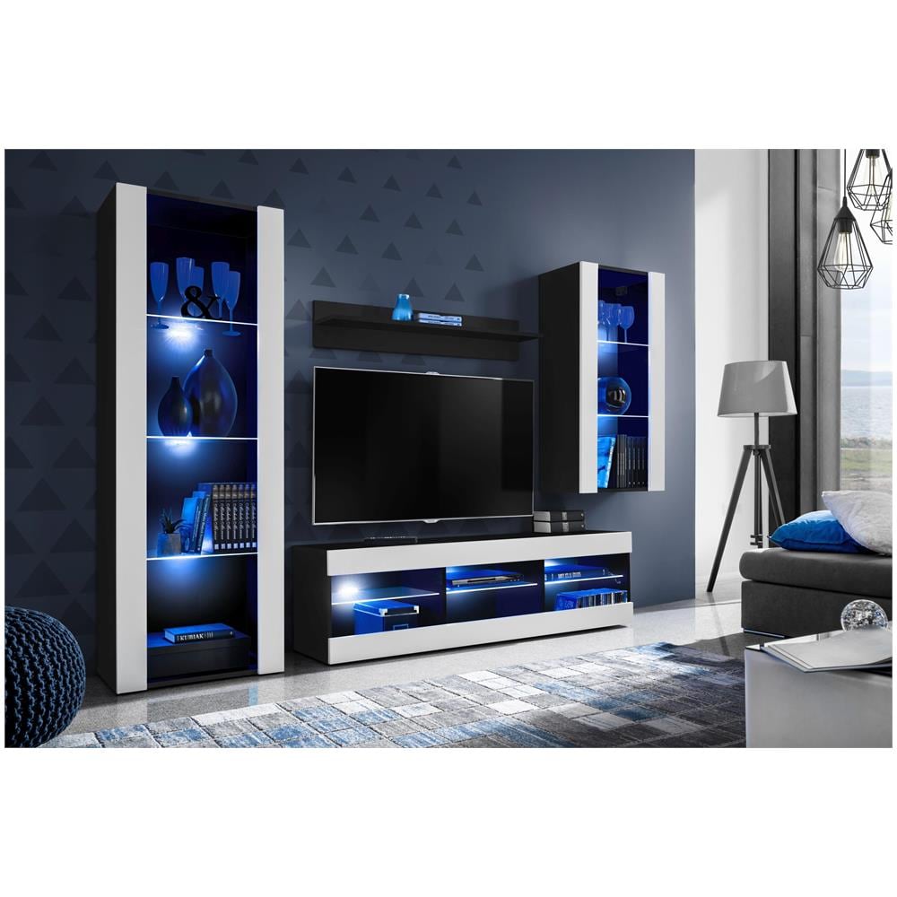 Komodee, Set Di Mobili Porta TV Tivoli Medio RTV, Black /White, LED Blu, Larghezza 245 cm x Altezza 159 cm x Profondità 35 cm, Per soggiorno, Camera da letto - Foto 2