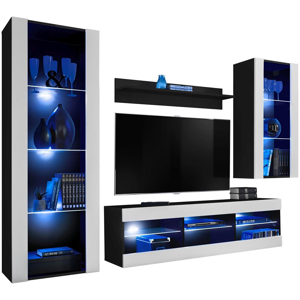 Komodee, Set Di Mobili Porta TV Tivoli Medio RTV, Black /White, LED Blu, Larghezza 245 cm x Altezza 159 cm x Profondità 35 cm, Per soggiorno, Camera da letto - Foto 1