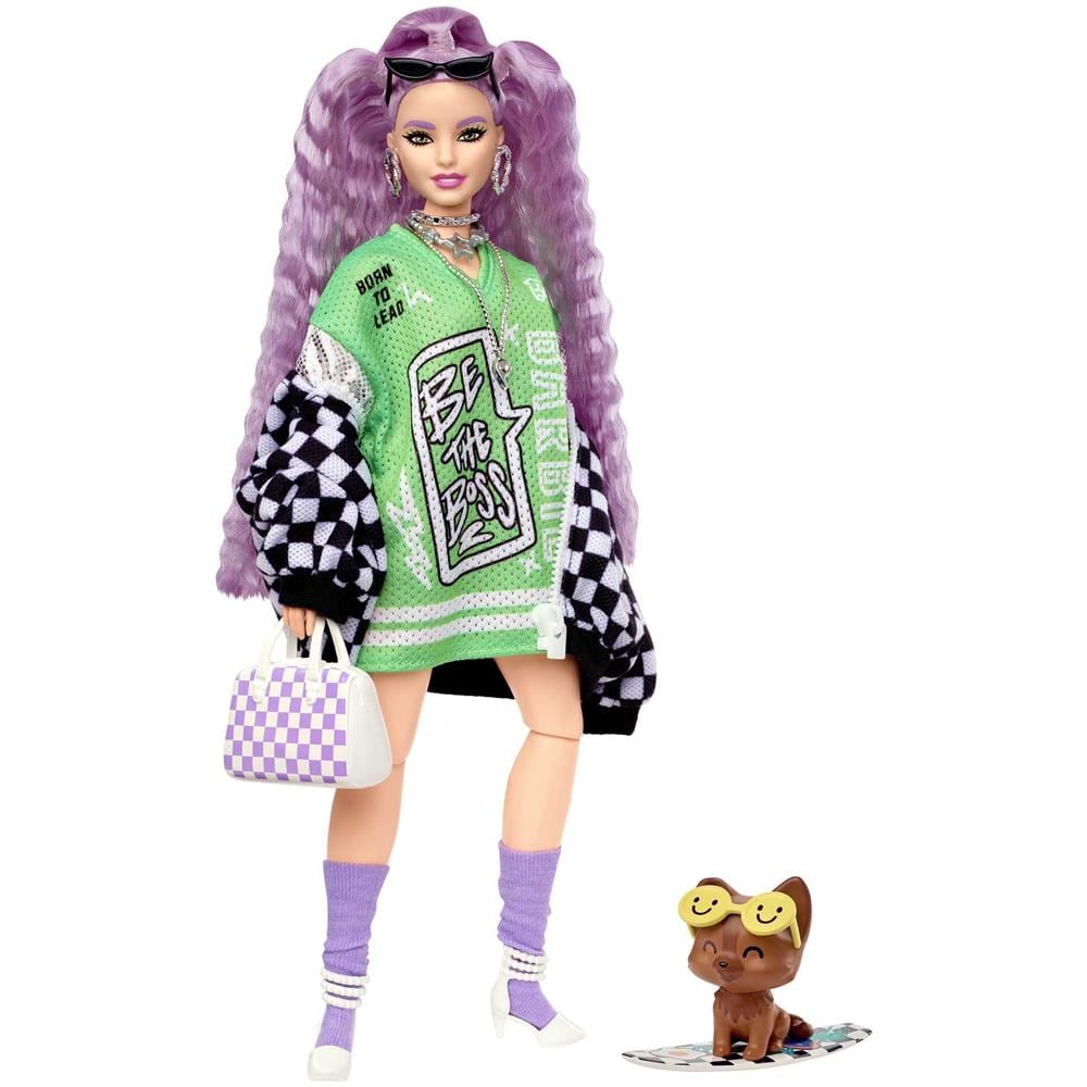 Bambola Barbie E Accessori, Bambola Barbie Extra Fashion Con Capelli Color Lavanda Ondulati E Giacca A Quadretti, Cucciolo Di Animale Domestico - Foto 1