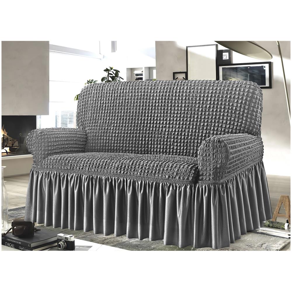 Copridivano Elasticizzato Arricciato Con Volants Tinta Unita Luxory Grigio Chiaro 4 Posti Grigio Ch - Foto 1