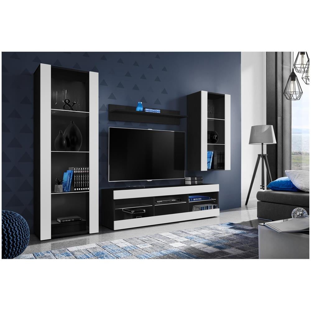 Komodee, Set Di Mobili Porta TV Tivoli Medio RTV, Black /White, Senza LED, Larghezza 245 cm x Altezza 159 cm x Profondità 35 cm, Per soggiorno, Camera da letto - Foto 2