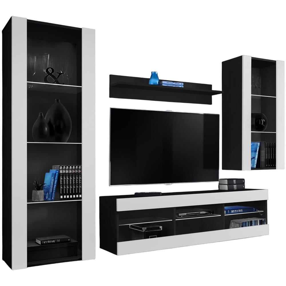 Komodee, Set Di Mobili Porta TV Tivoli Medio RTV, Black /White, Senza LED, Larghezza 245 cm x Altezza 159 cm x Profondità 35 cm, Per soggiorno, Camera da letto - Foto 1