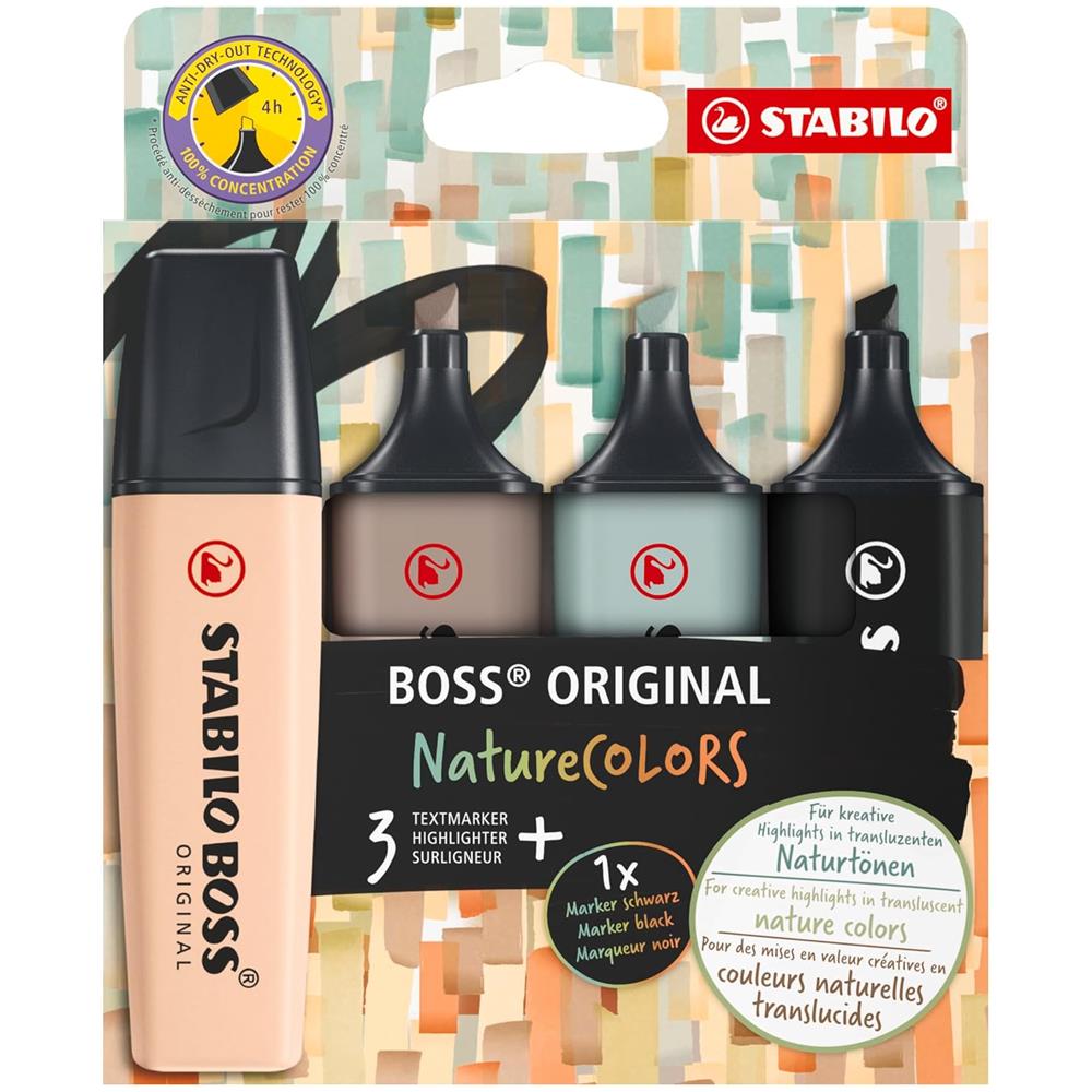 BOSS ORIGINAL - Evidenziatore - NatureCOLORS - Astuccio da 4 - Sabbia /Cenere /Foglia di Tè /Nero - Foto 1