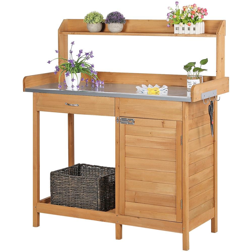 Tavolo Per Piante Da Esterno In Legno 91x44 Cm - Mensola Per Giardino, Balcone Con Ripiano E Mobiletto - Naturale - Foto 4