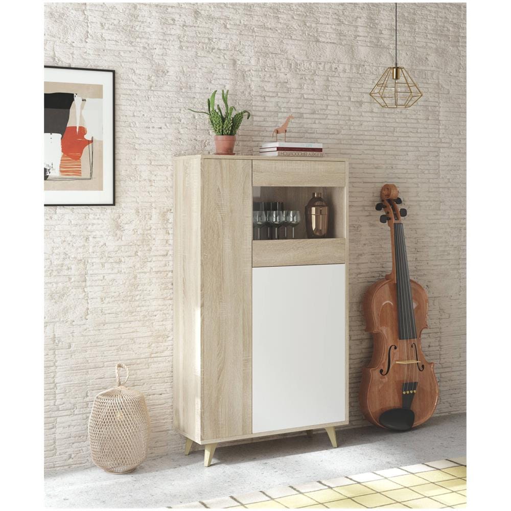 Vetrina Atlanta, Vetrinetta Moderna A 3 Ante, Credenza Da Soggiorno O Salotto, Madia Alta Con Ripiani, 77x33h142 Cm, Rovere E Bianco - Foto 1
