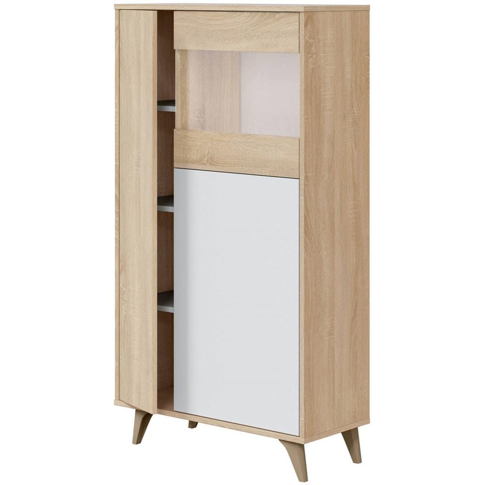 Vetrina Atlanta, Vetrinetta Moderna A 3 Ante, Credenza Da Soggiorno O Salotto, Madia Alta Con Ripiani, 77x33h142 Cm, Rovere E Bianco - Foto 4