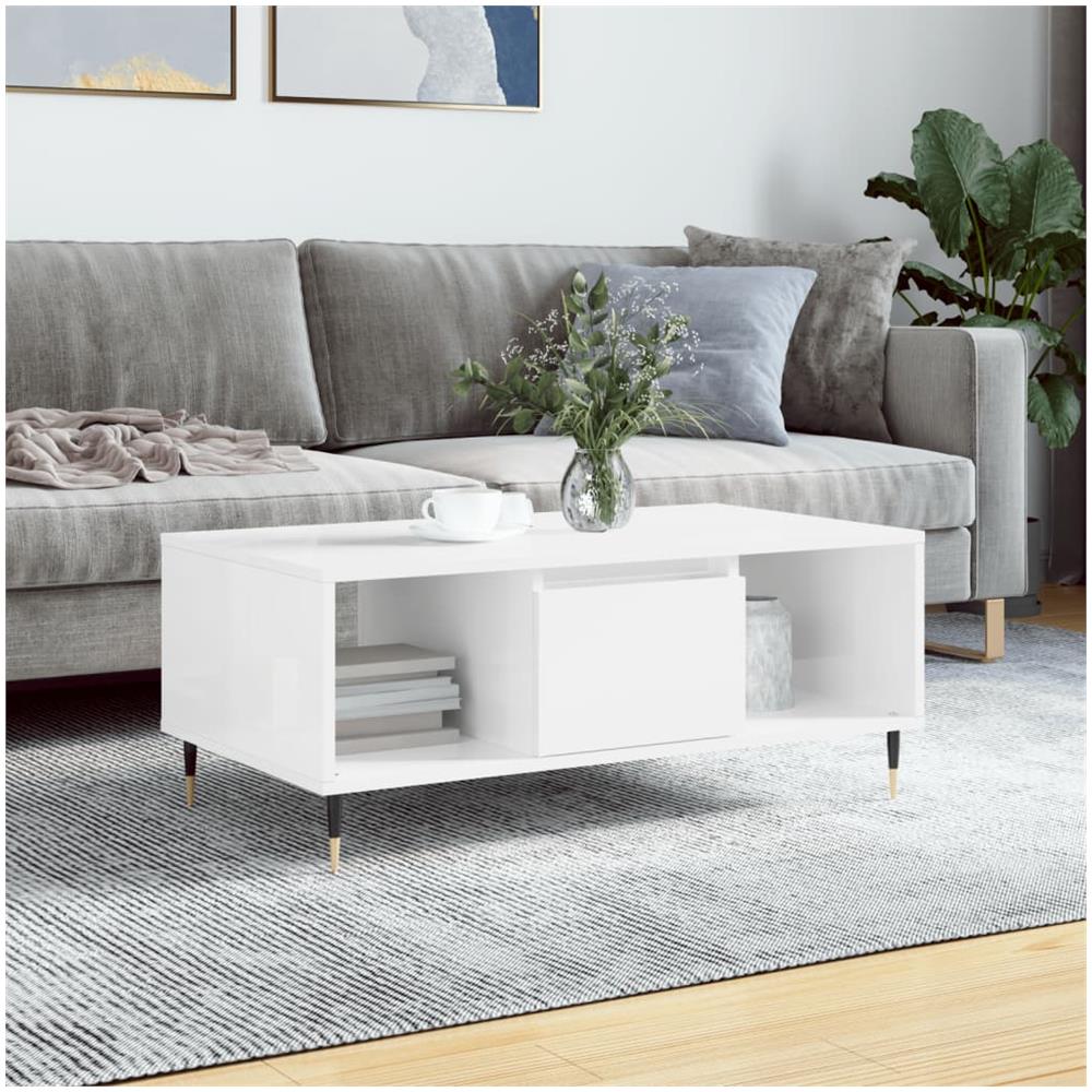 Tavolino Salotto Bianco Lucido 90x50x36,5 Cm Legno Multistrato - Foto 1