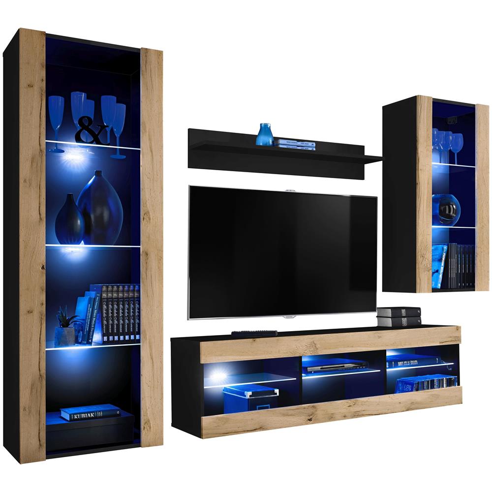 Komodee, Set Di Mobili Porta TV Tivoli Medio RTV, Black /Wotan, LED Blu, Larghezza 245 cm x Altezza 159 cm x Profondità 35 cm, Per soggiorno, Camera da letto - Foto 1