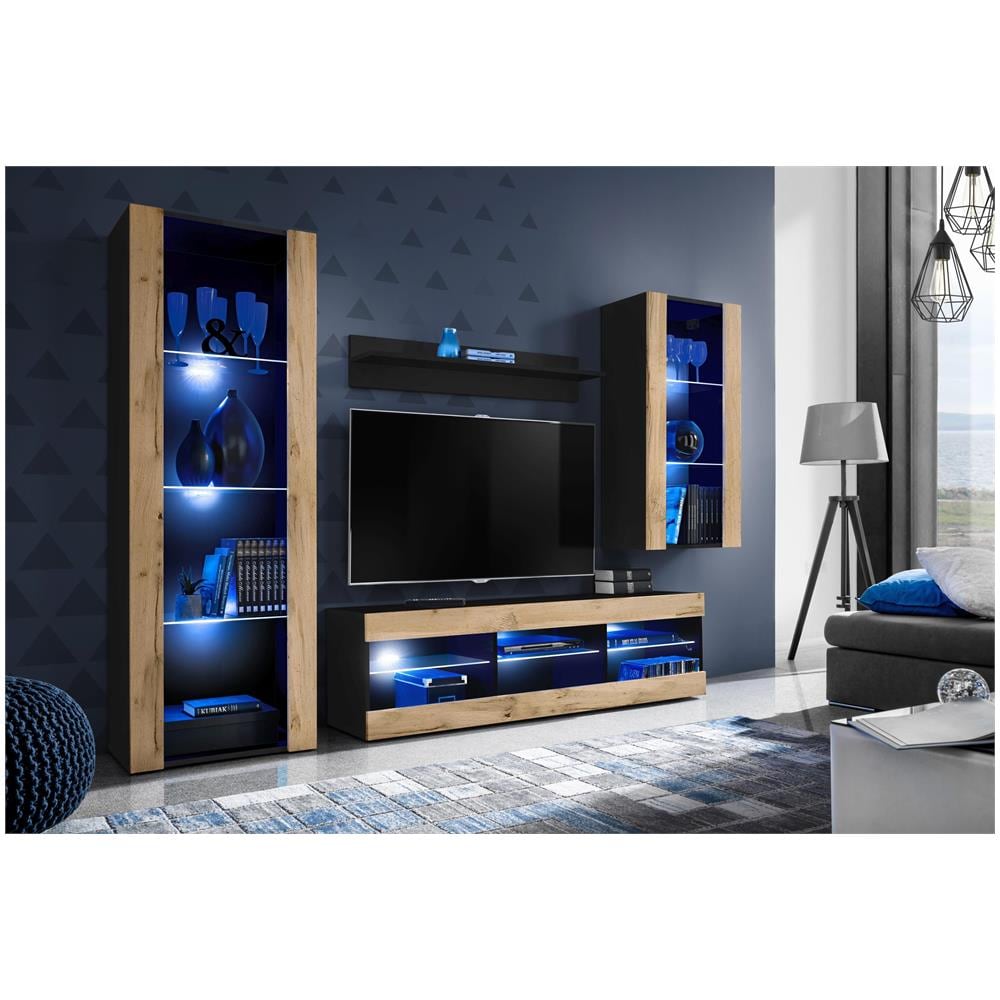Komodee, Set Di Mobili Porta TV Tivoli Medio RTV, Black /Wotan, LED Blu, Larghezza 245 cm x Altezza 159 cm x Profondità 35 cm, Per soggiorno, Camera da letto - Foto 2