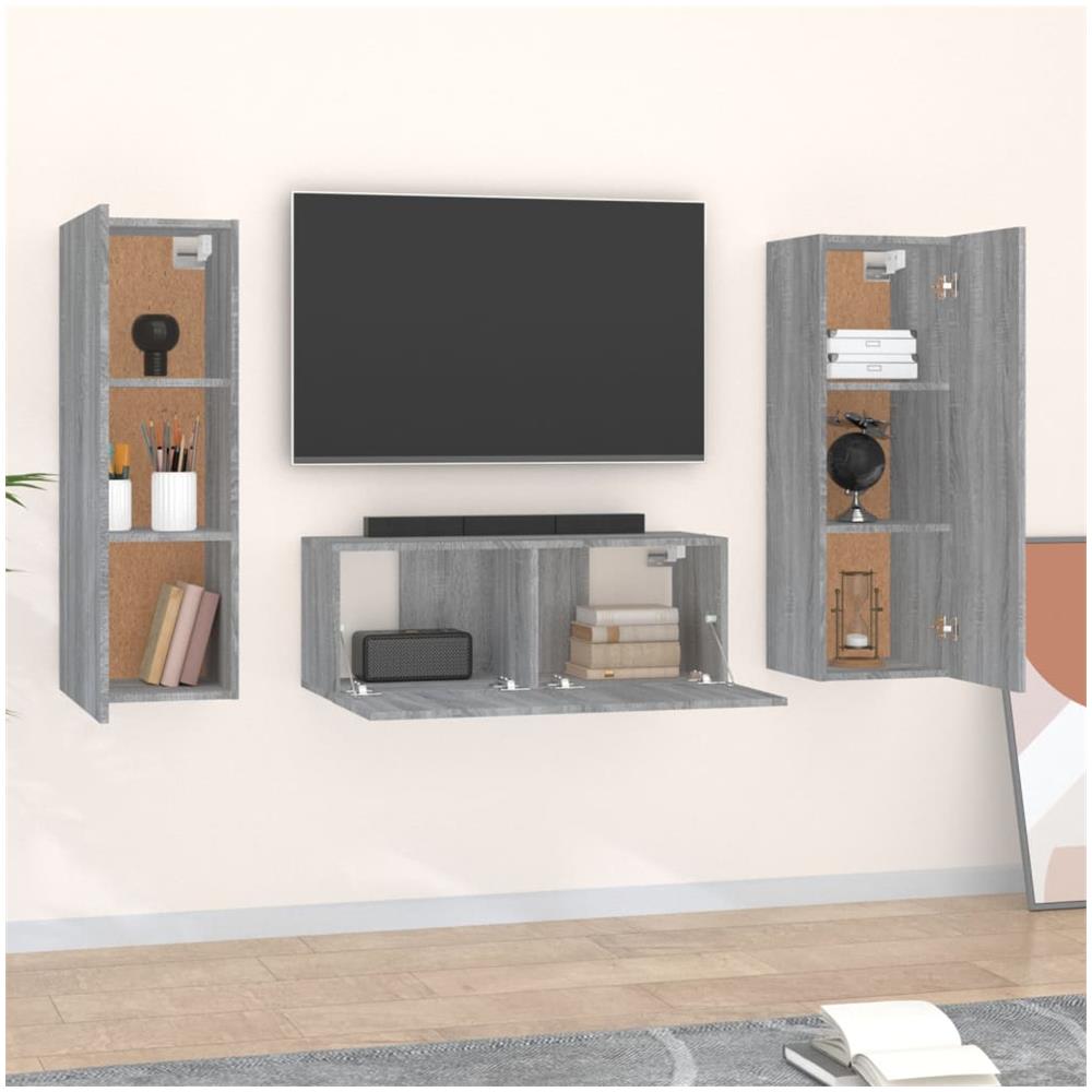 Set Mobili Porta Tv 3 Pz Grigio Sonoma In Legno Multistrato - Foto 3