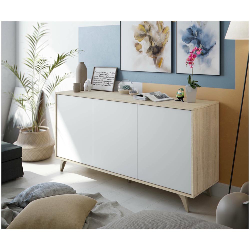 Credenza Arvada, Madia Moderna A 3 Ante E Ripiani, Buffet Da Cucina, Buffet Di Design Da Soggiorno, 154x40h75 Cm, Rovere E Bianco - Foto 1