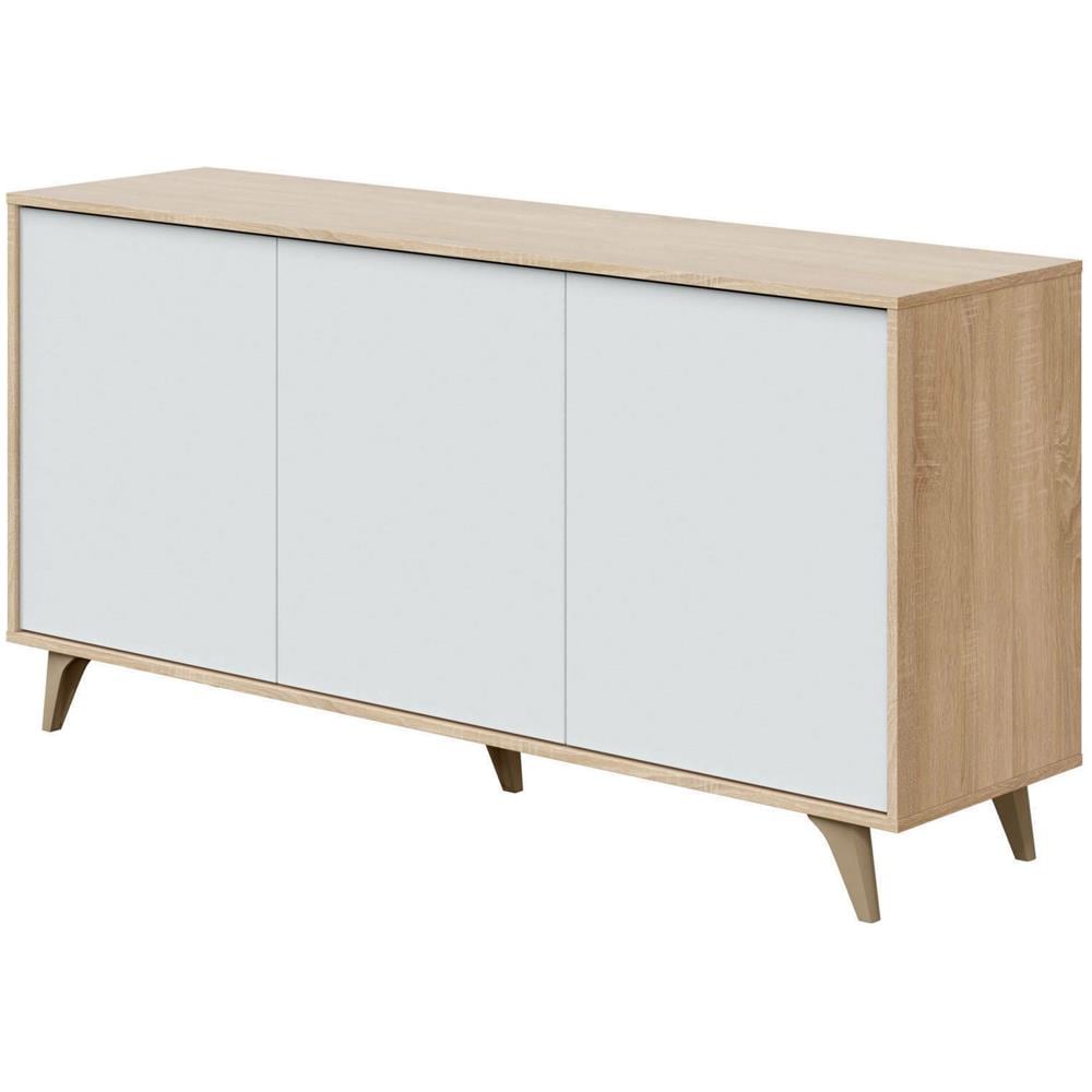 Credenza Arvada, Madia Moderna A 3 Ante E Ripiani, Buffet Da Cucina, Buffet Di Design Da Soggiorno, 154x40h75 Cm, Rovere E Bianco - Foto 2