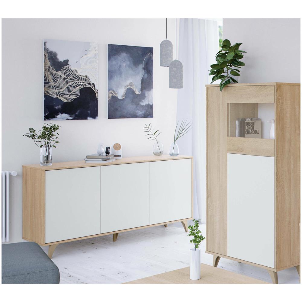 Credenza Arvada, Madia Moderna A 3 Ante E Ripiani, Buffet Da Cucina, Buffet Di Design Da Soggiorno, 154x40h75 Cm, Rovere E Bianco - Foto 4