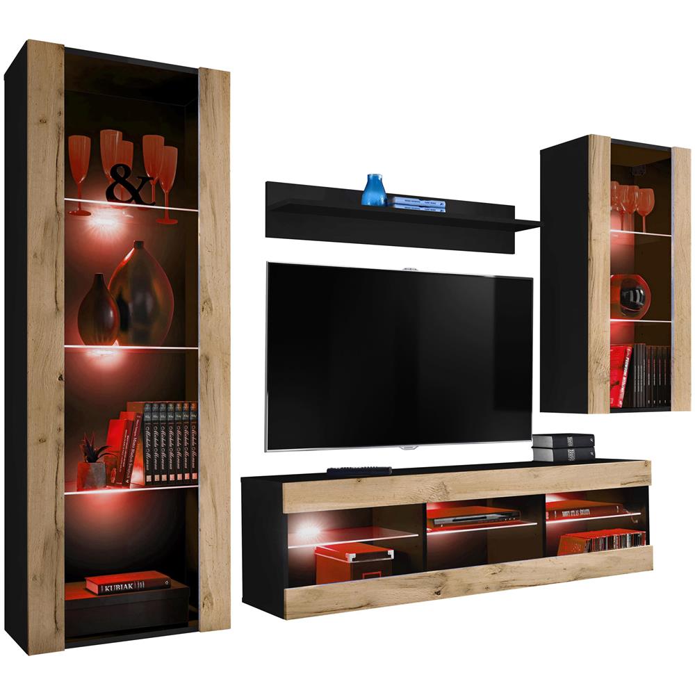 Komodee, Set Di Mobili Porta TV Tivoli Medio RTV, Black /Wotan, LED RGB, Larghezza 245 cm x Altezza 159 cm x Profondità 35 cm, Per soggiorno, Camera da letto - Foto 1
