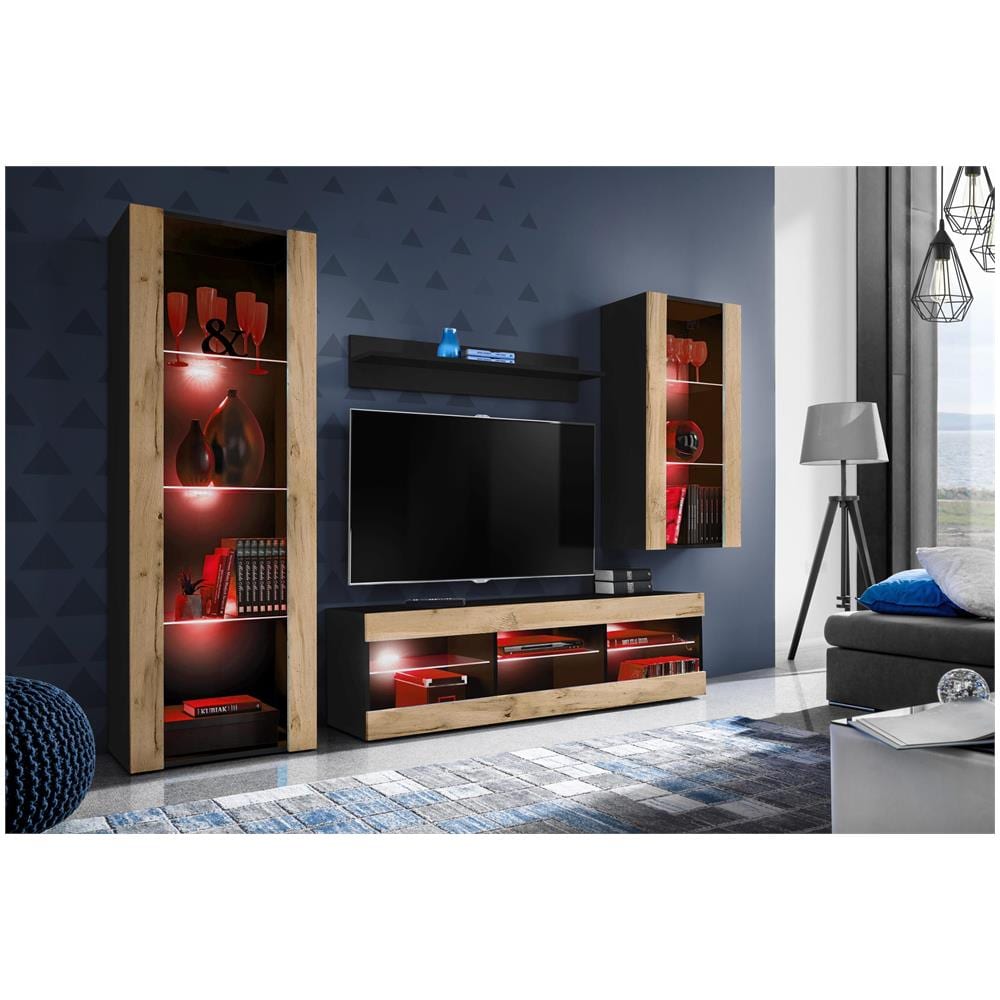 Komodee, Set Di Mobili Porta TV Tivoli Medio RTV, Black /Wotan, LED RGB, Larghezza 245 cm x Altezza 159 cm x Profondità 35 cm, Per soggiorno, Camera da letto - Foto 2